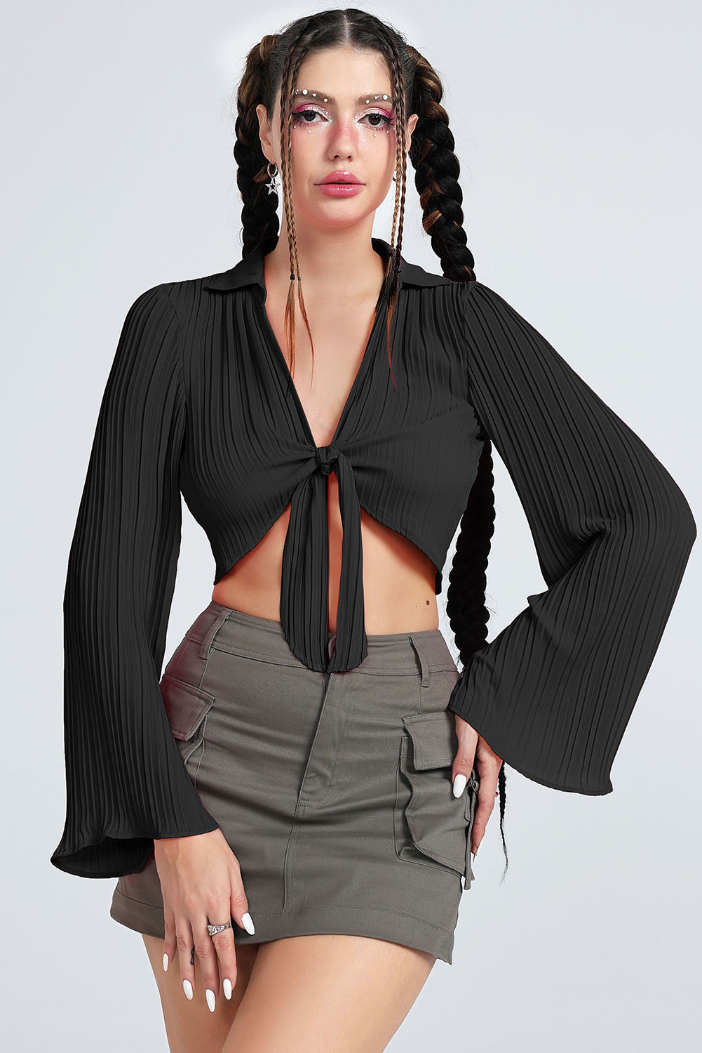 Tie Front Johnny Collar Flare Sleeve Cropped Top - AllIn Computer