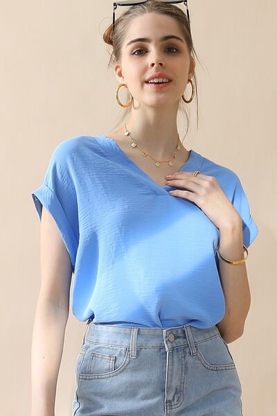 Ninexis V-Neck Trim Rolled Short Sleeve Shirt - AllIn Computer
