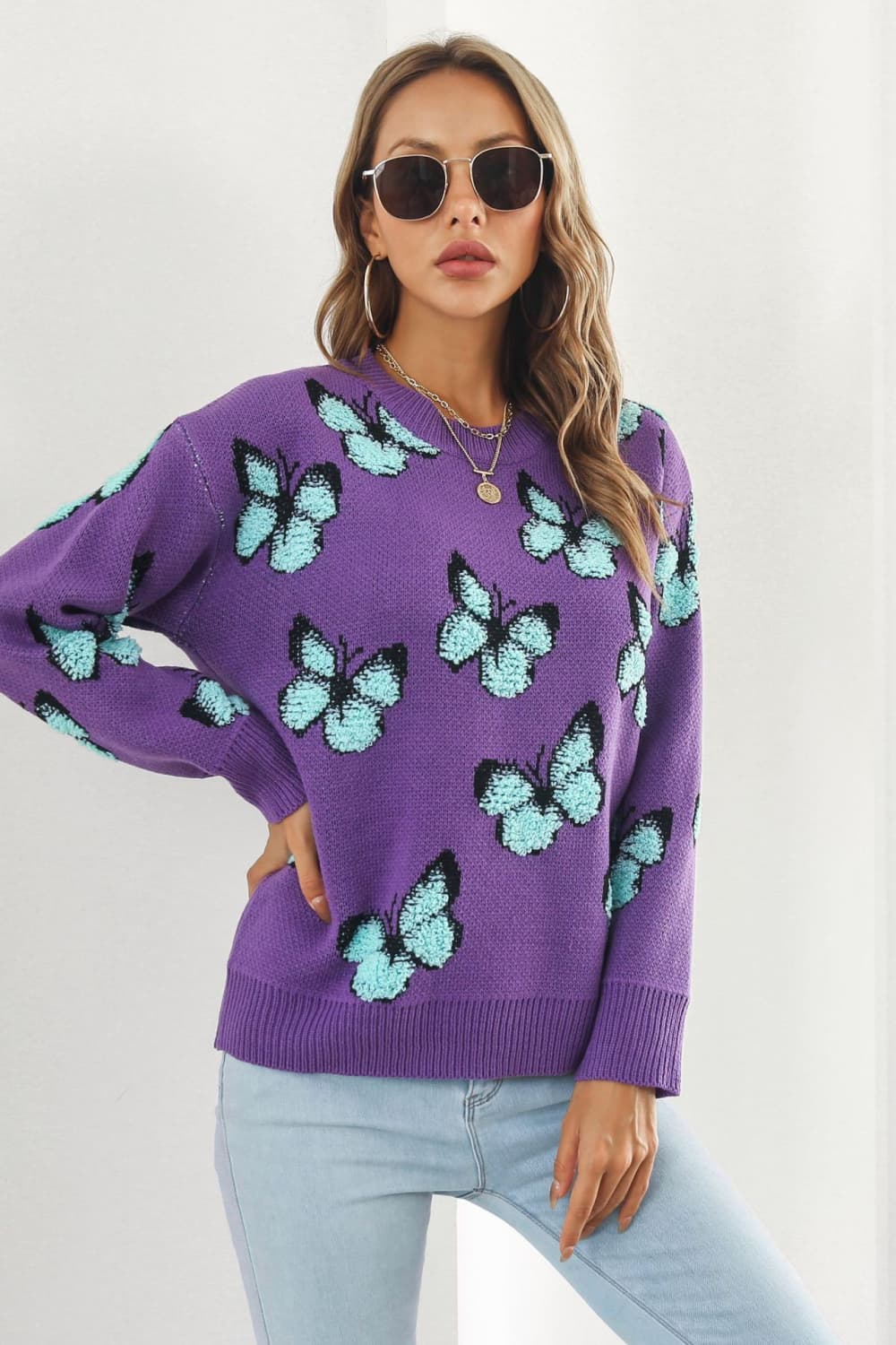 Butterfly Pattern Round Neck Dropped Shoulder Sweater - AllIn Computer