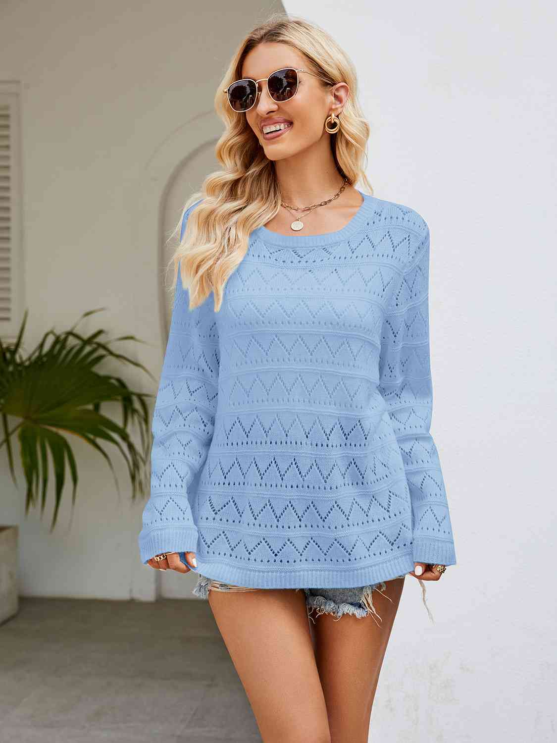 Round Neck Openwork Long Sleeve Knit Top - AllIn Computer