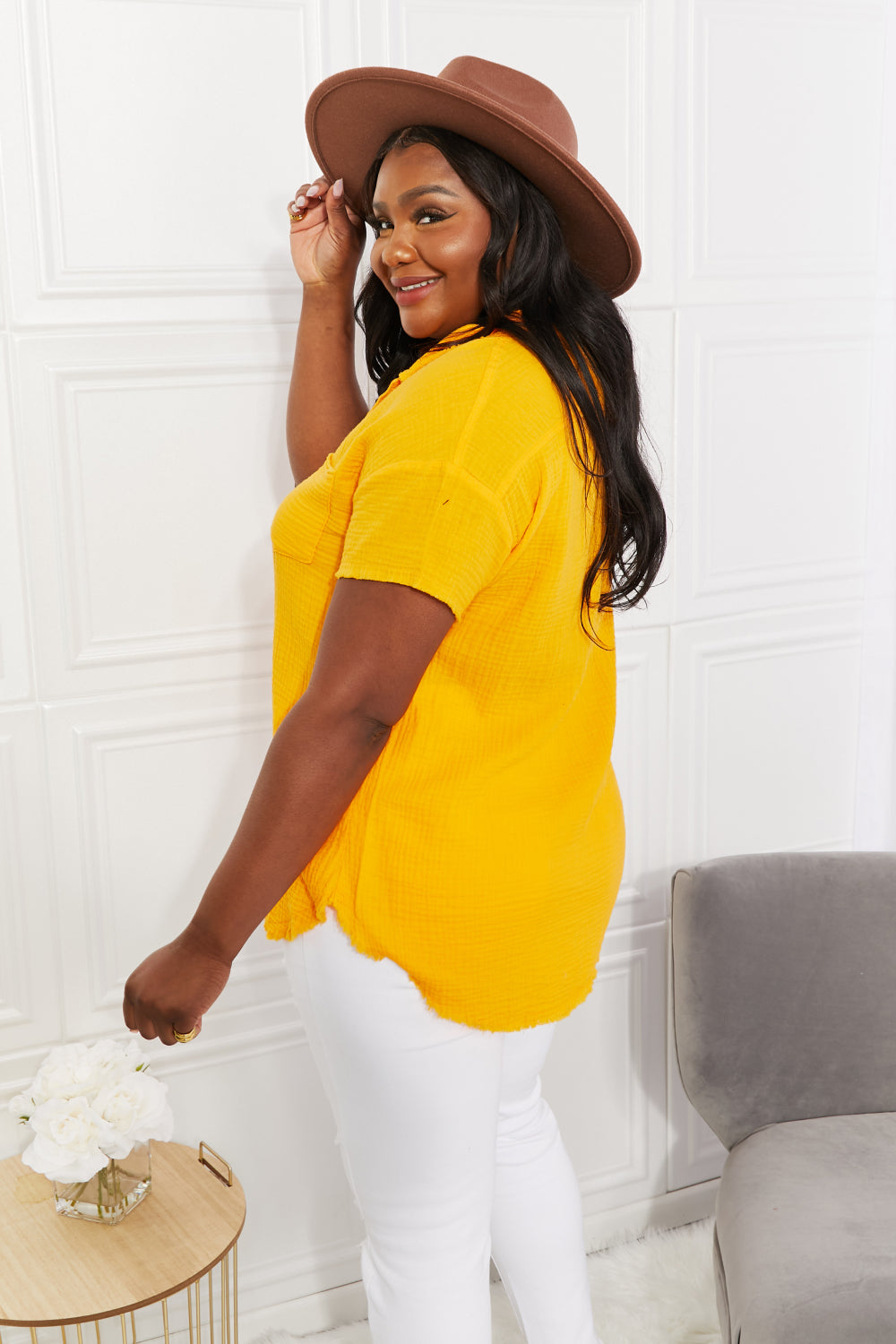 Zenana Full Size Summer Breeze Gauze Short Sleeve Shirt in Mustard - AllIn Computer