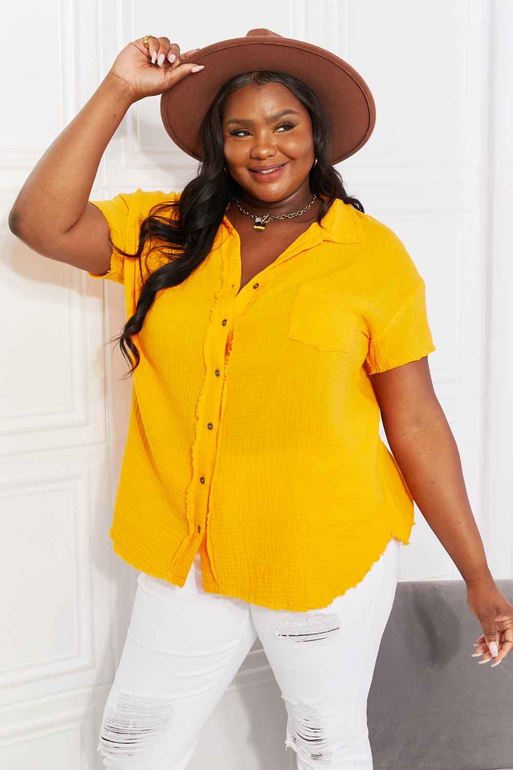Zenana Full Size Summer Breeze Gauze Short Sleeve Shirt in Mustard - AllIn Computer