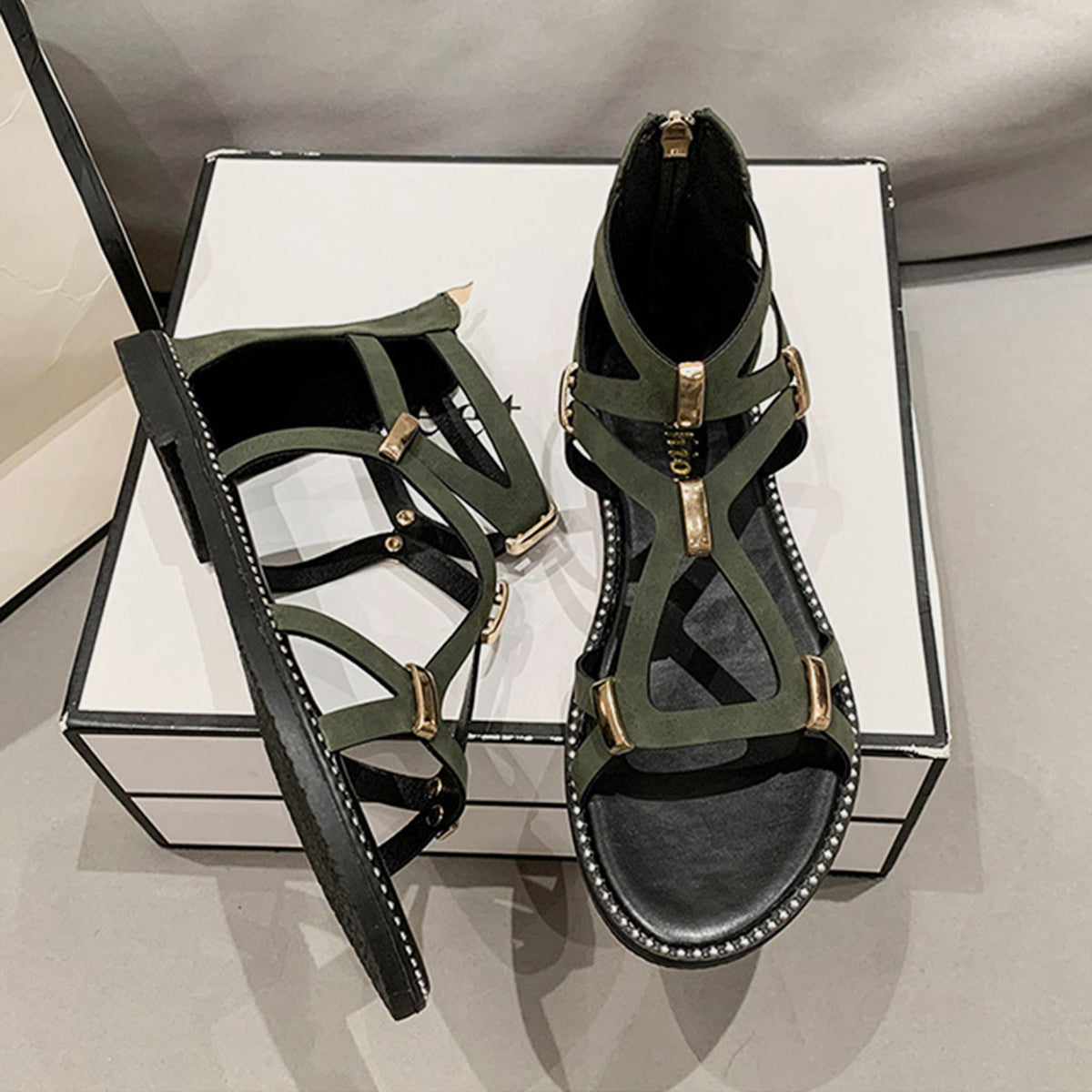 Open Toe Back Zipper Flat Sandals - AllIn Computer