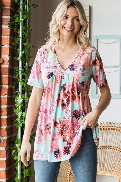 Heimish Full Size Floral V-Neck Short Sleeve Babydoll Blouse - AllIn Computer