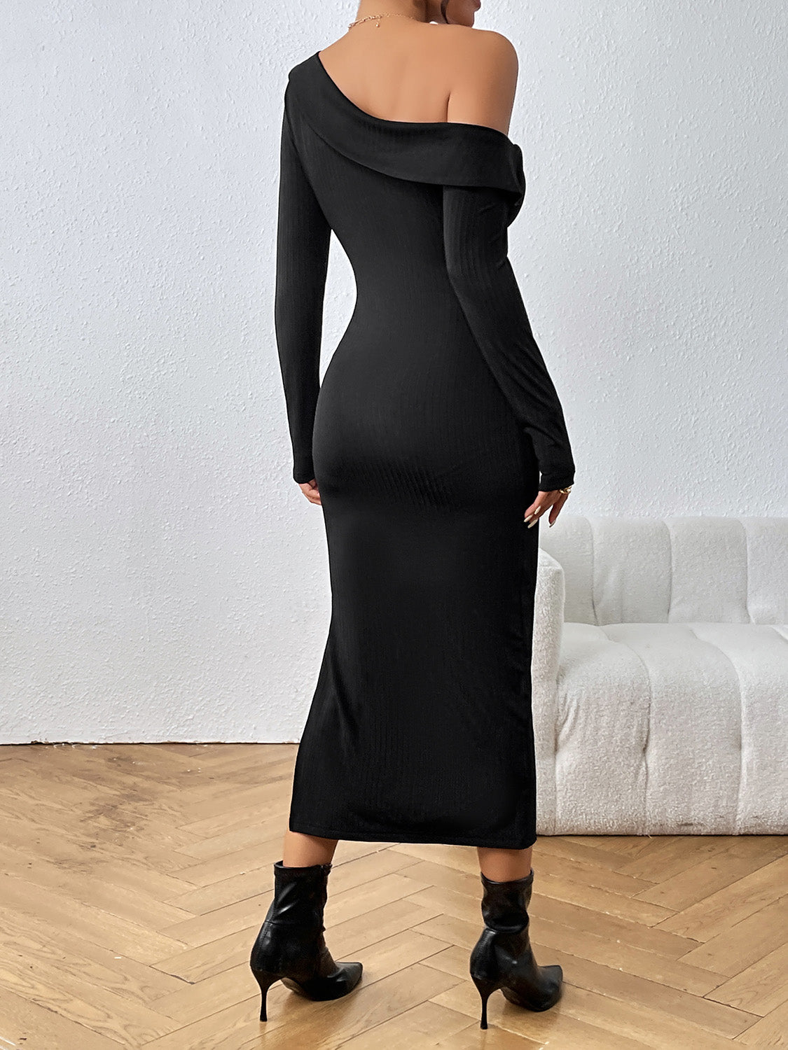 Asymmetrical Neck Long Sleeve Slit Dress - AllIn Computer