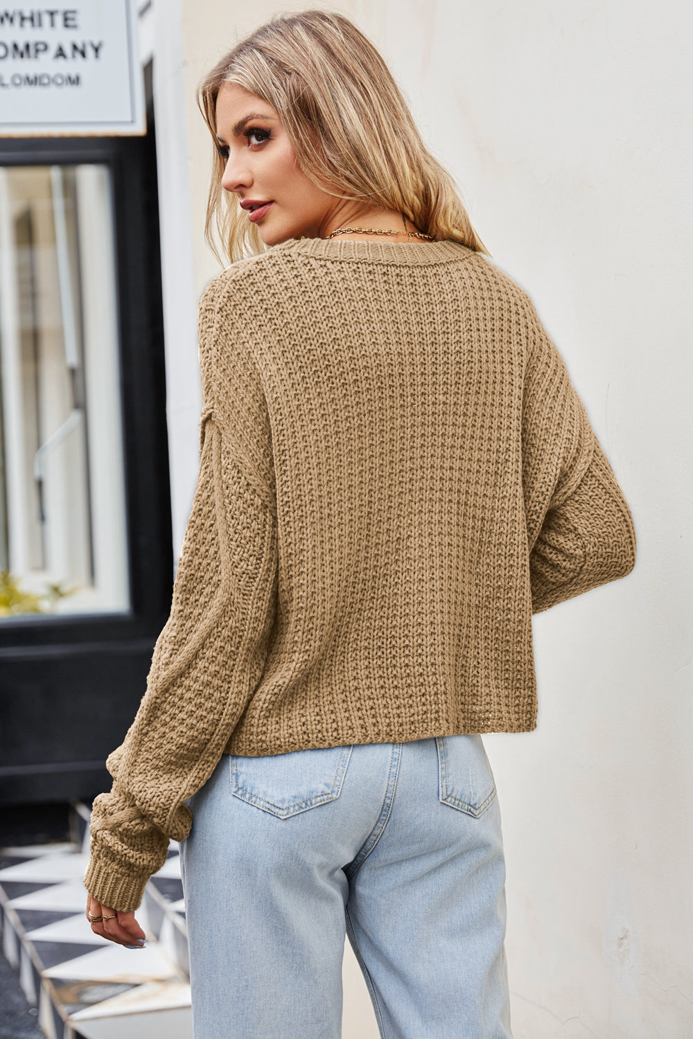 Cable-Knit Round Neck Dropped Shoulder Sweater - AllIn Computer