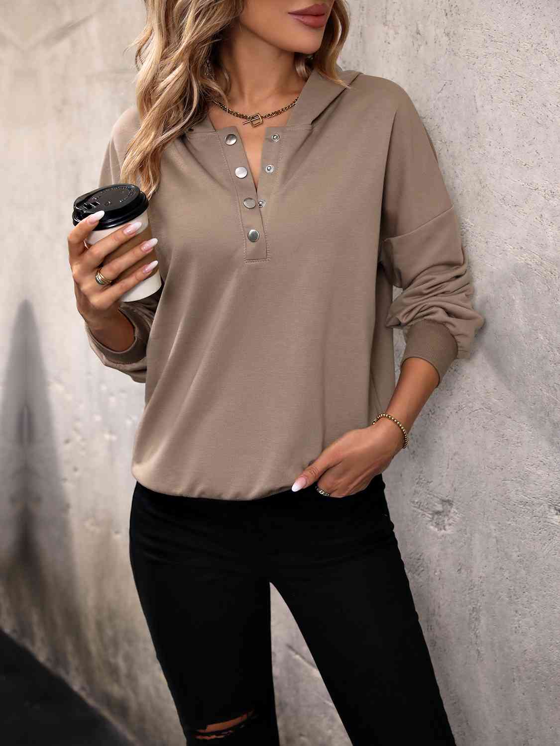 Dropped Shoulder Half Snap Hoodie - AllIn Computer