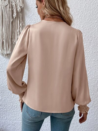 Surplice Smocked Lantern Sleeve Blouse - AllIn Computer
