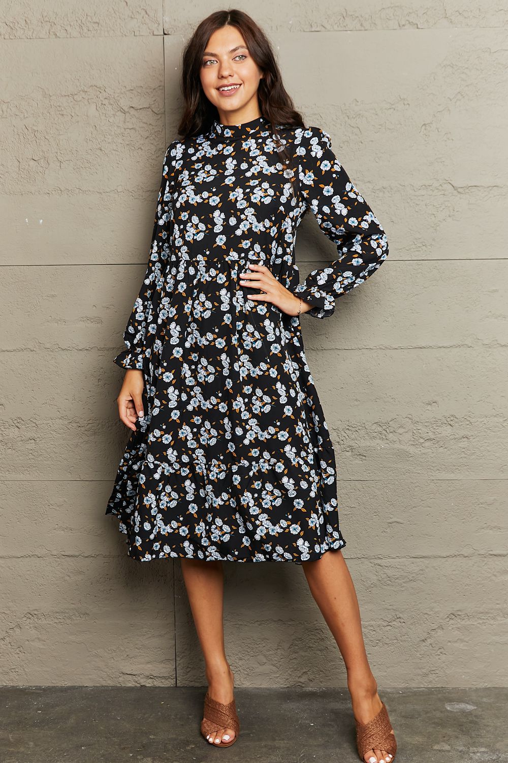 Printed Round Neck Flounce Sleeve Dress - AllIn Computer