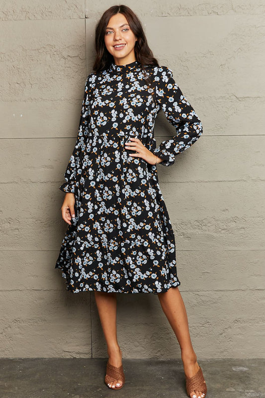 Printed Round Neck Flounce Sleeve Dress - AllIn Computer