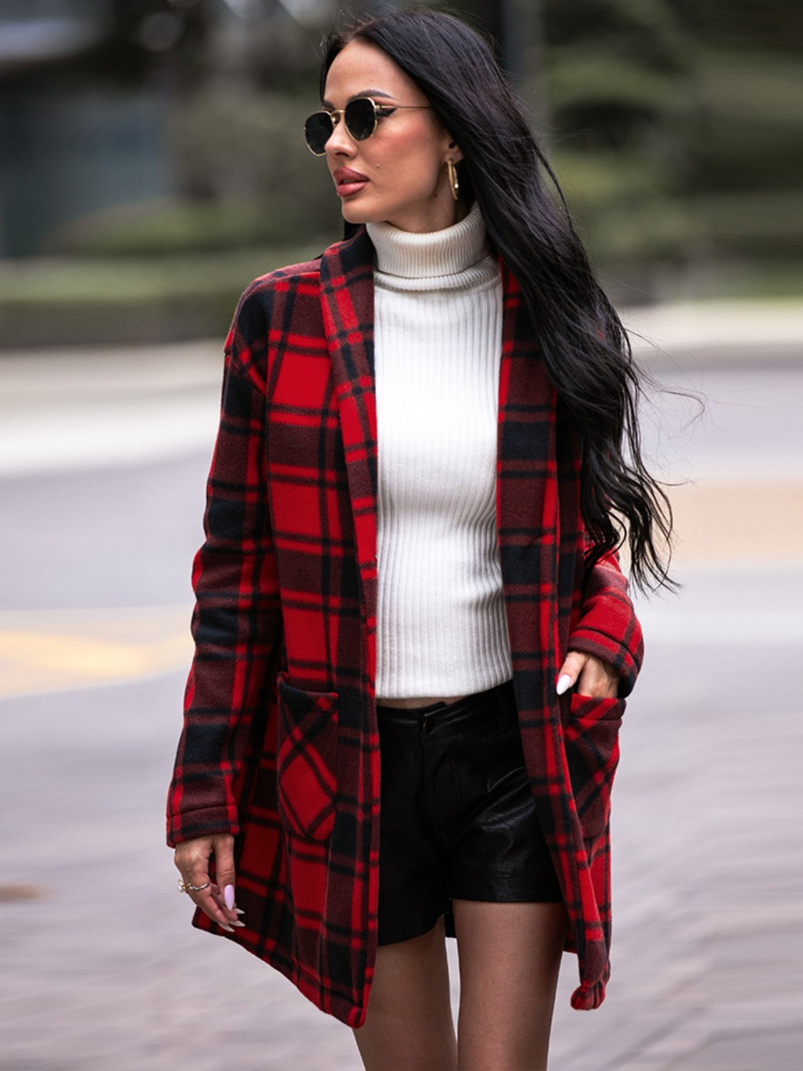 Plaid Shawl Collar Coat with Pockets - AllIn Computer