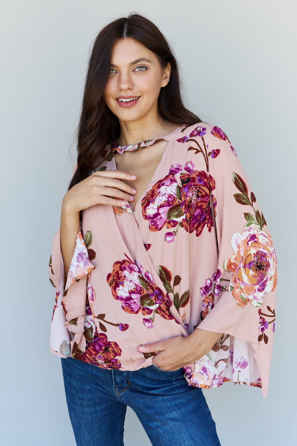 ODDI Full Size Floral Bell Sleeve Crepe Top - AllIn Computer