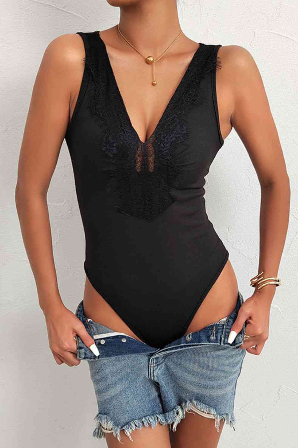 Spliced Lace Deep V Sleeveless Bodysuit - AllIn Computer