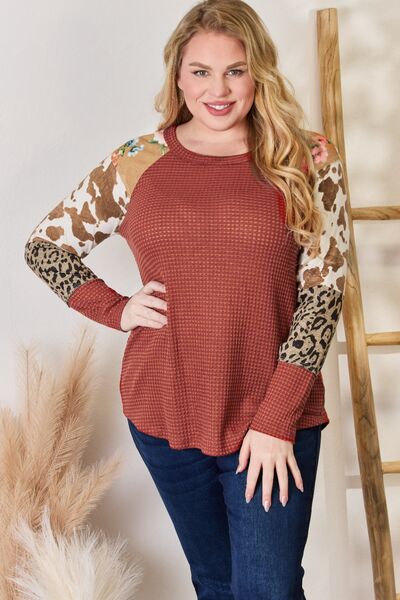 Hailey & Co Full Size Leopard Waffle-Knit Blouse - AllIn Computer
