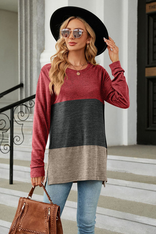 Color Block Round Neck Long Sleeve Slit T-Shirt - AllIn Computer