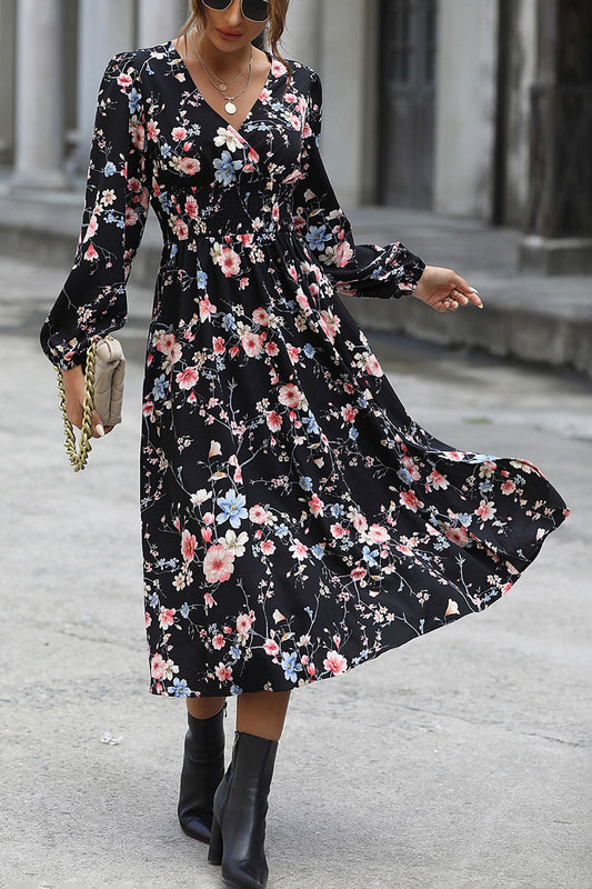 Floral Long Sleeve Surplice Neck Dress - AllIn Computer