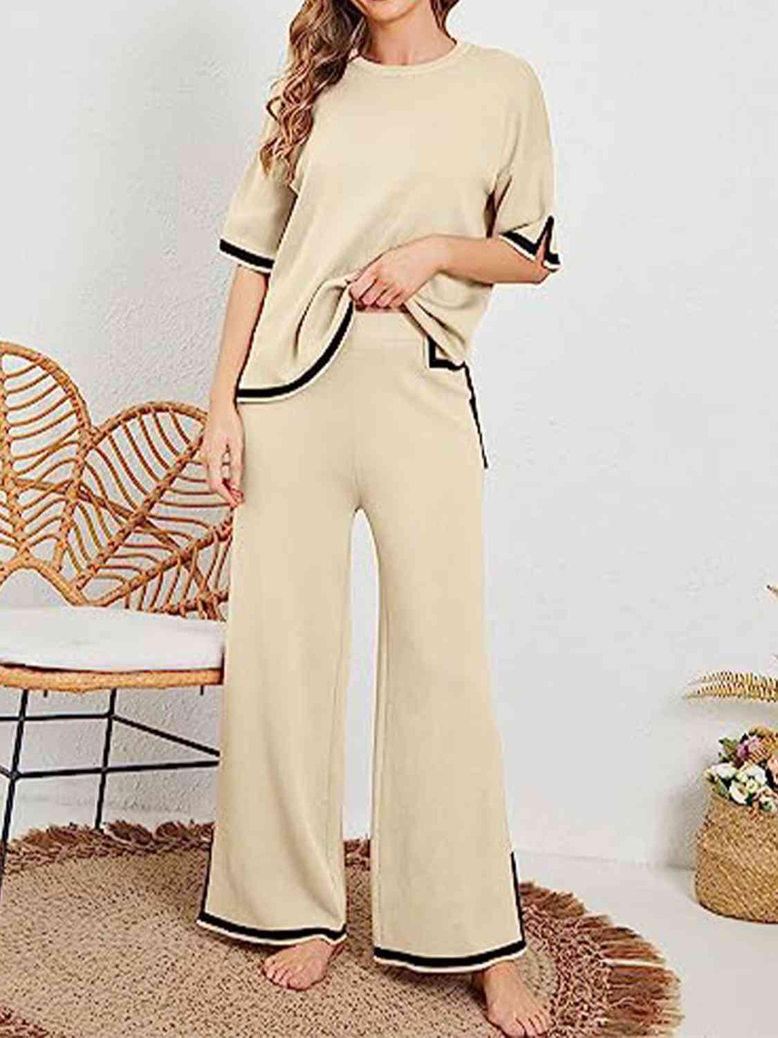 Contrast High-Low Sweater and Knit Pants Set - AllIn Computer