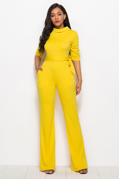 Mock Neck Tie-Waist Half Sleeve Jumpsuit - AllIn Computer