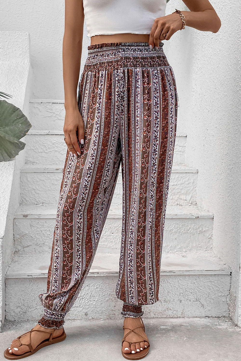 Smocked Printed High Waist Pants - AllIn Computer