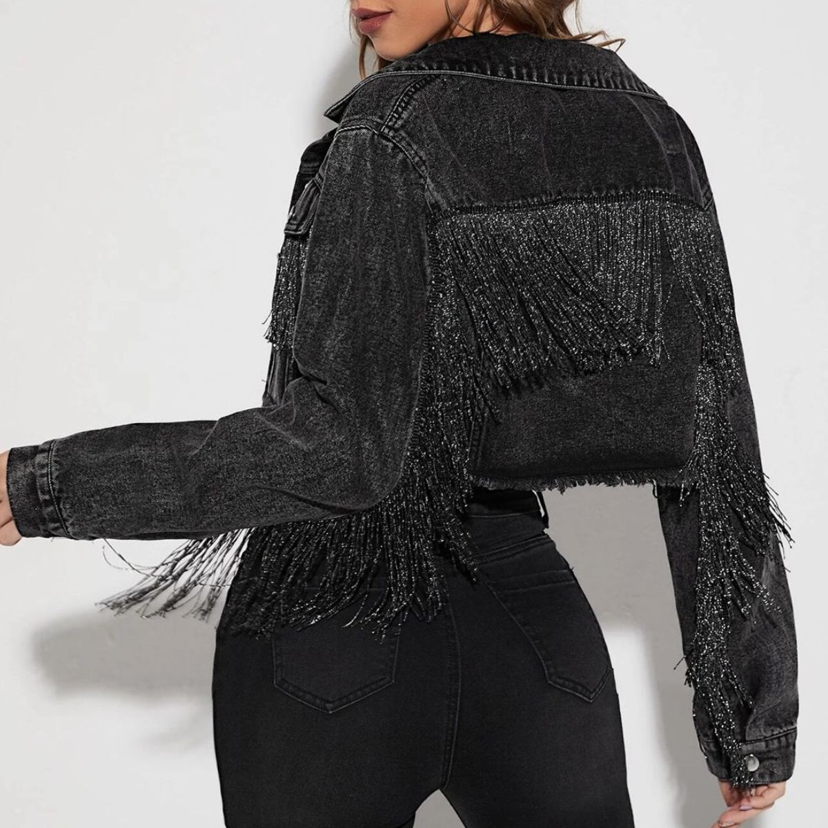 Fringe Detail Long Sleeve Cropped Denim Jacket - AllIn Computer