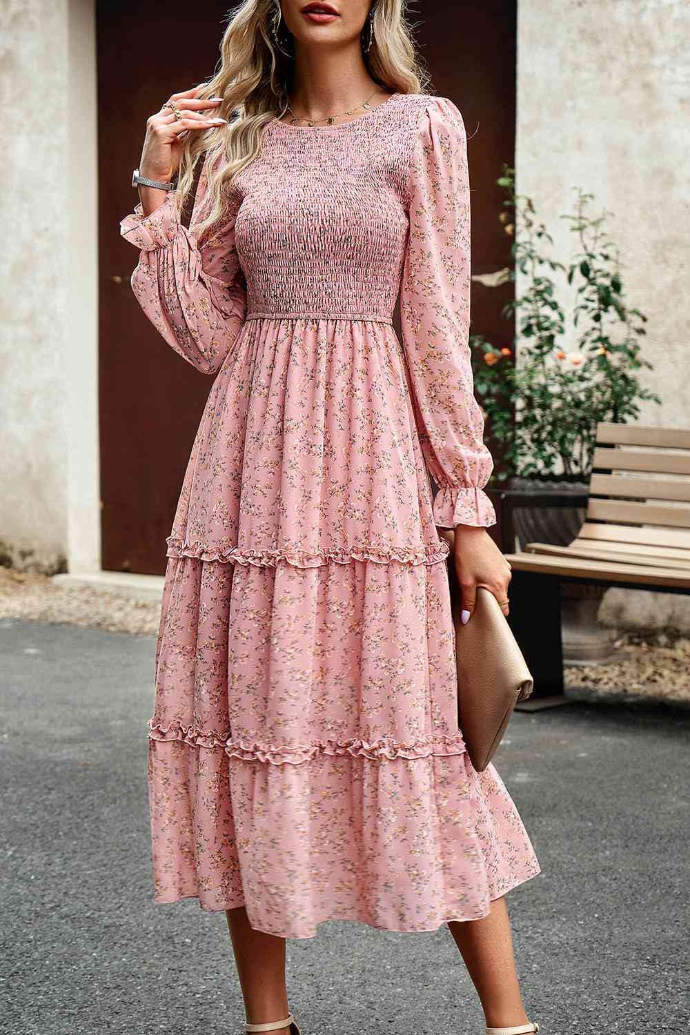 Smocked Flounce Sleeve Midi Dress - AllIn Computer