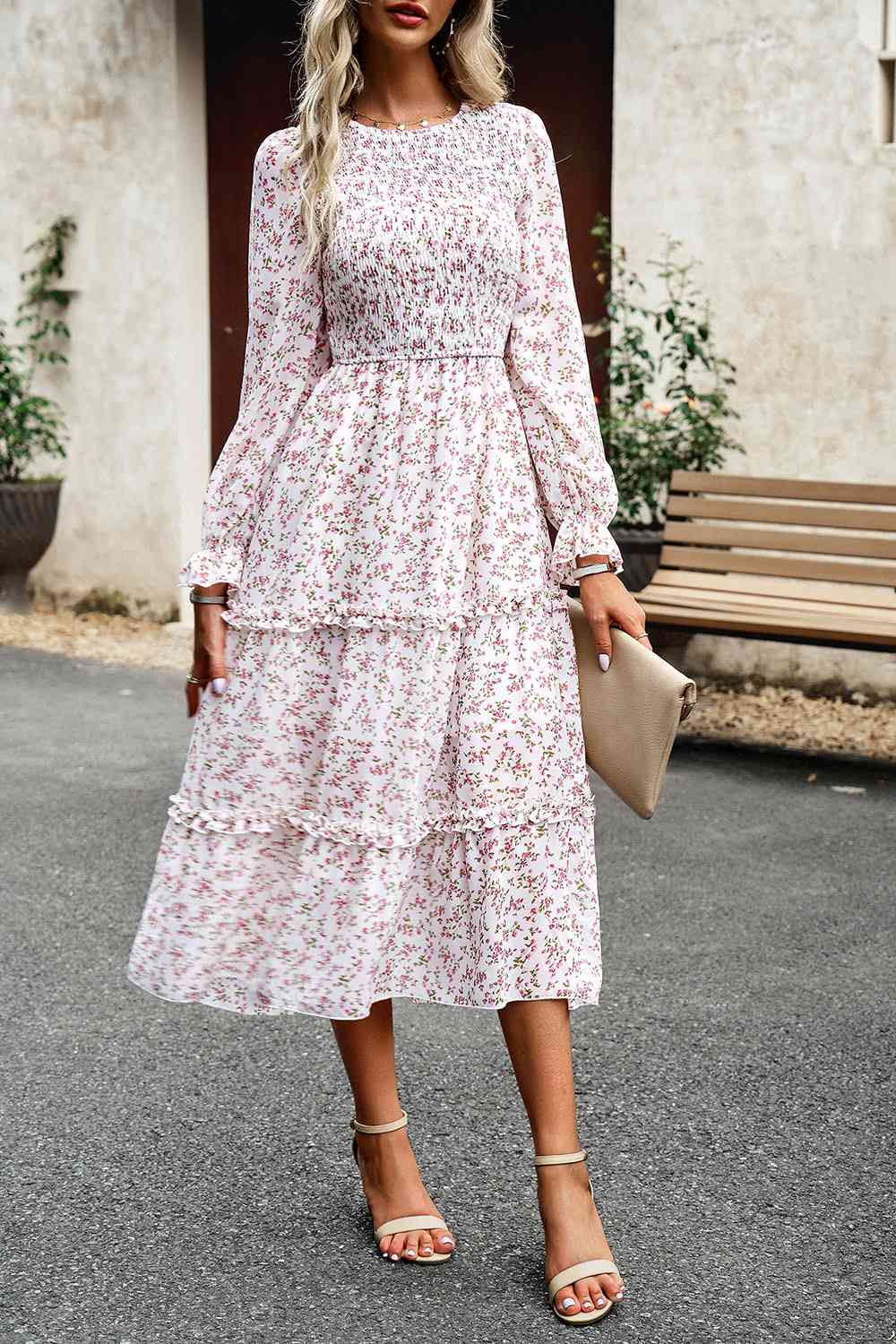 Smocked Flounce Sleeve Midi Dress - AllIn Computer