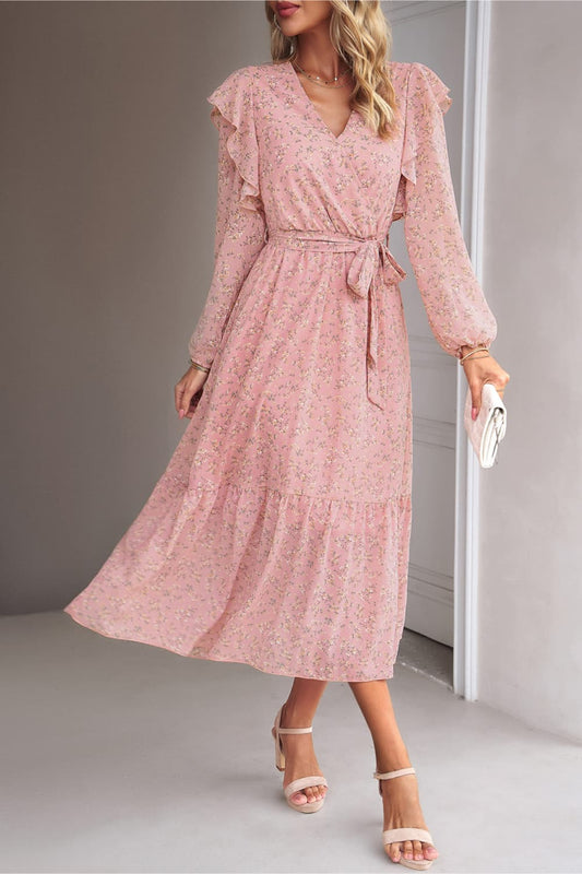 Surplice Neck Balloon Sleeve Midi Dress - AllIn Computer