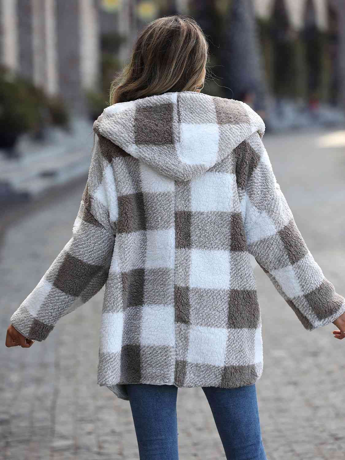 Plaid Open Front Hooded Coat - AllIn Computer