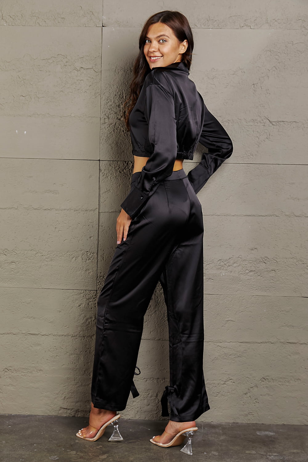 Long Sleeve Cropped Blouse and Tie Detail Long Pants Set - AllIn Computer