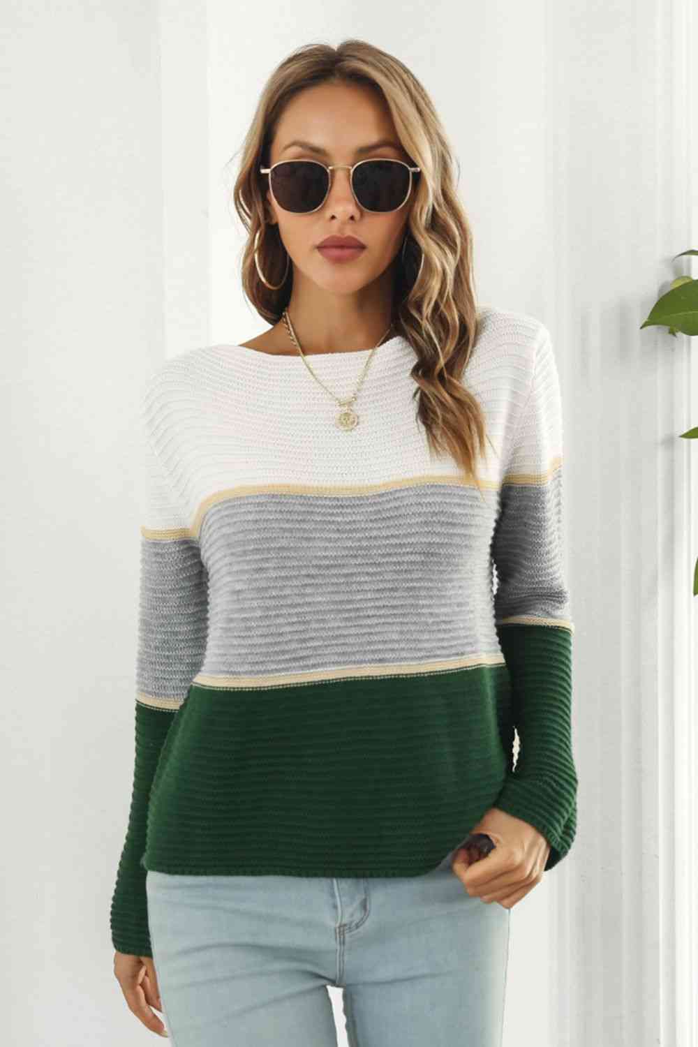 Color Block Horizontal Ribbing Sweater - AllIn Computer