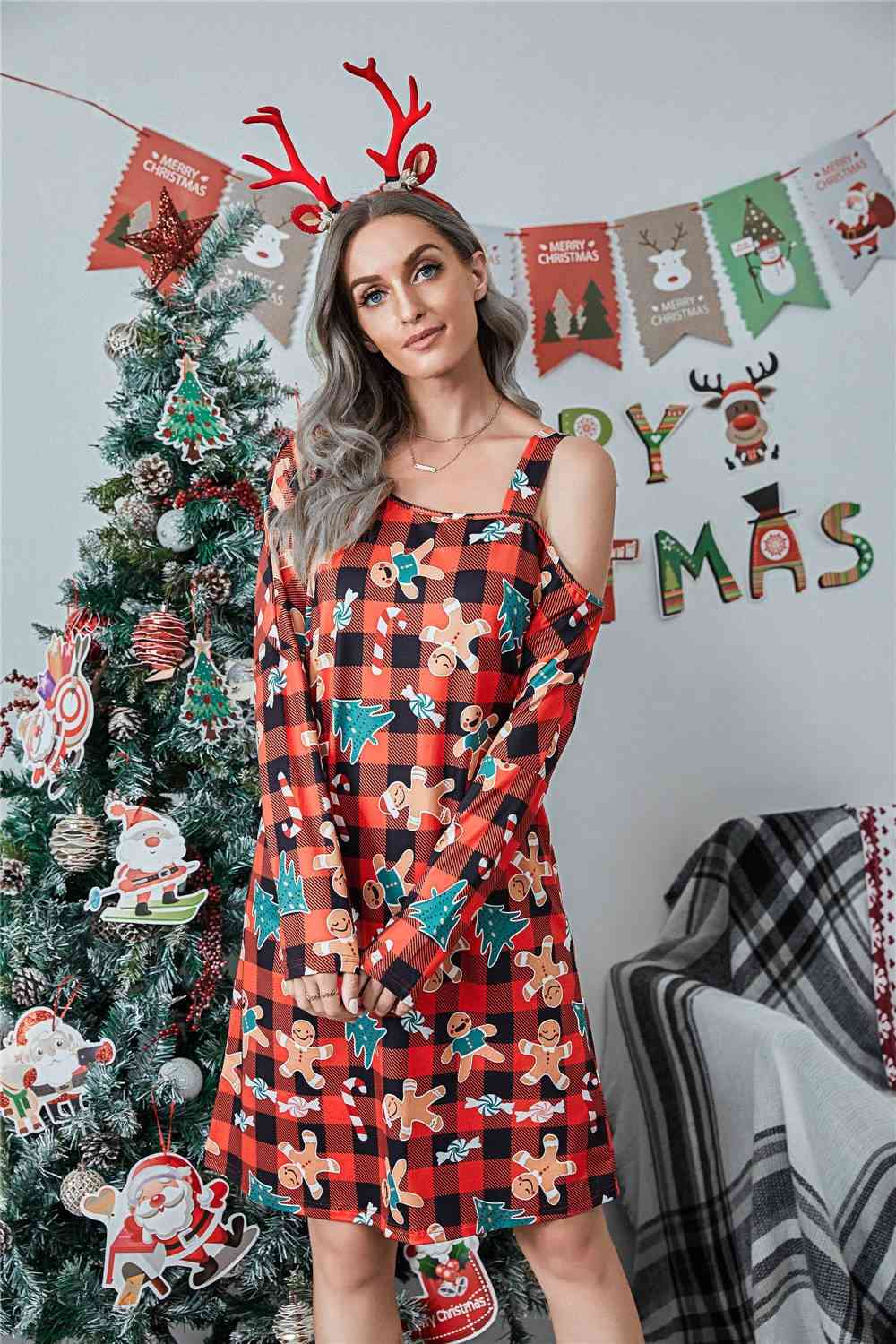 Christmas Asymmetrical Neck Long Sleeve Dress - AllIn Computer