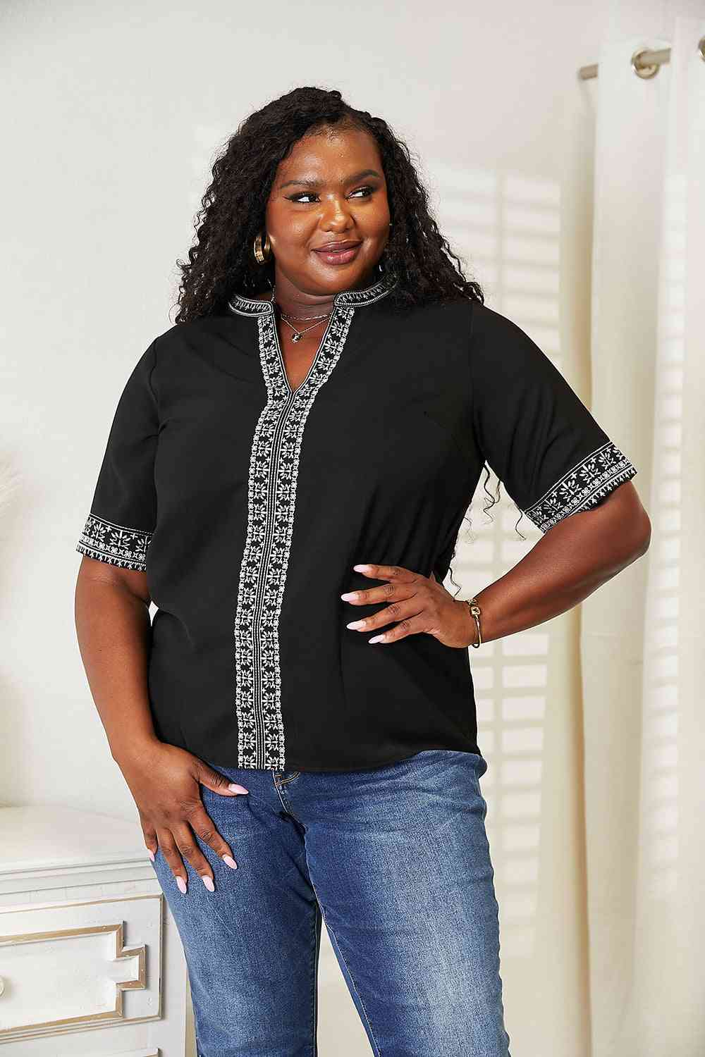 Double Take Embroidered Notched Neck Top - AllIn Computer