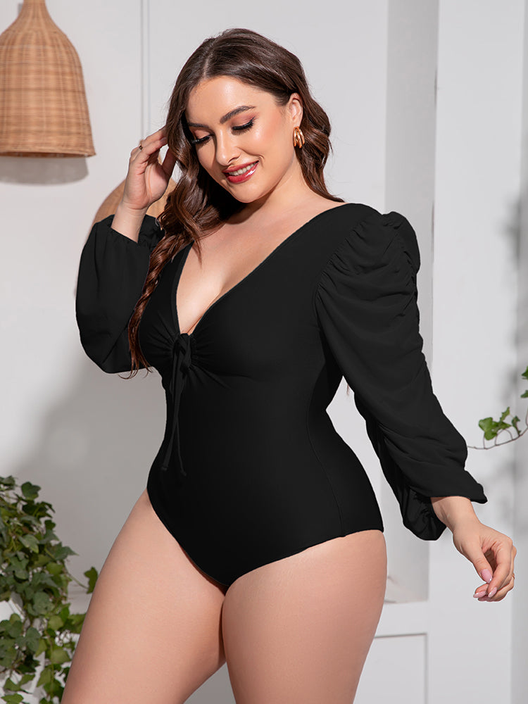 Plus Size Tied Deep V Balloon Sleeve One-Piece Swimsuit - AllIn Computer
