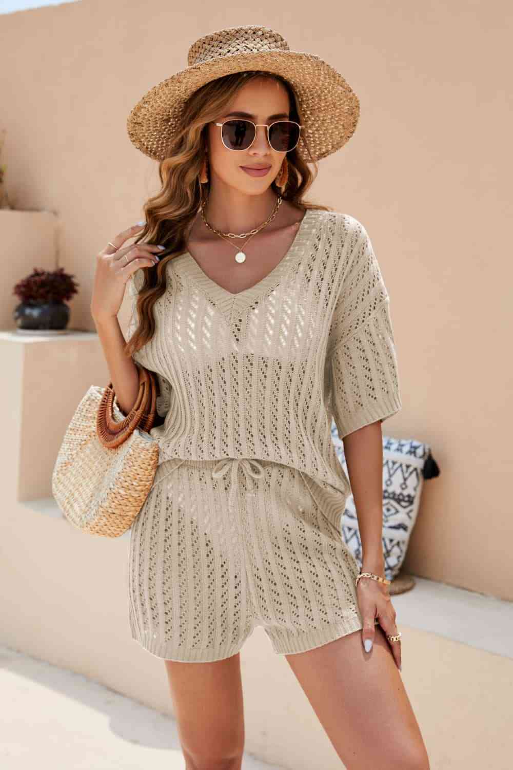 Openwork V-Neck Top and Shorts Set - AllIn Computer