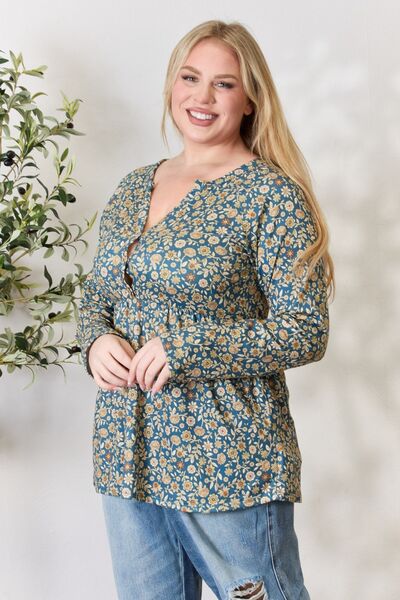 Heimish Full Size Floral Half Button Long Sleeve Blouse - AllIn Computer