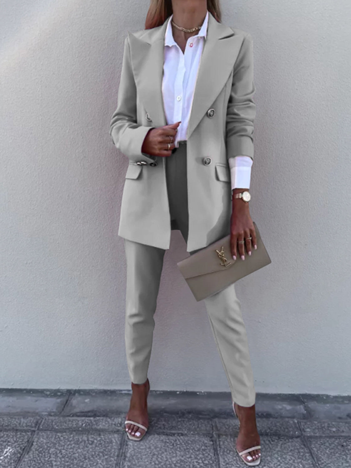 Lapel Collar Long Sleeve Blazer and Pants Set - AllIn Computer