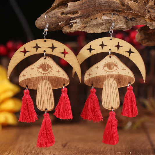 Moon & Mushroom Tassel Detail Dangle Earrings - AllIn Computer