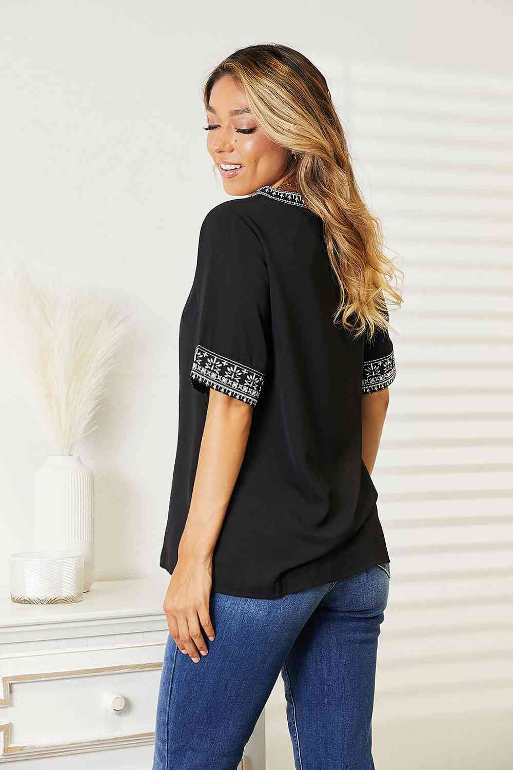 Double Take Embroidered Notched Neck Top - AllIn Computer