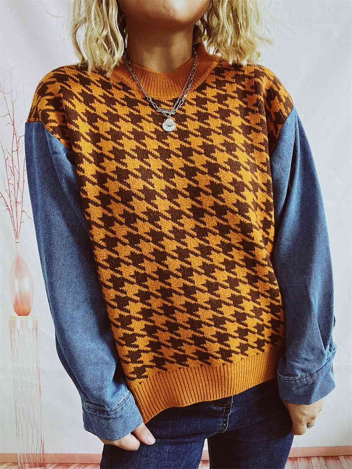 Houndstooth Denim Sleeve Sweater - AllIn Computer