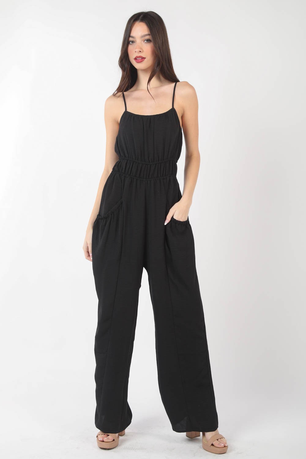 VERY J Pintuck Detail Woven Sleeveless Jumpsuit - AllIn Computer