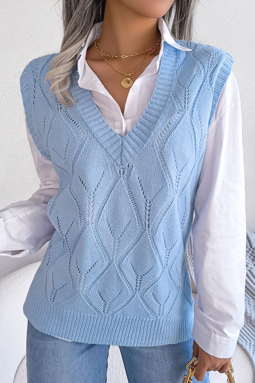 Openwork Ribbed Trim Sweater Vest - AllIn Computer