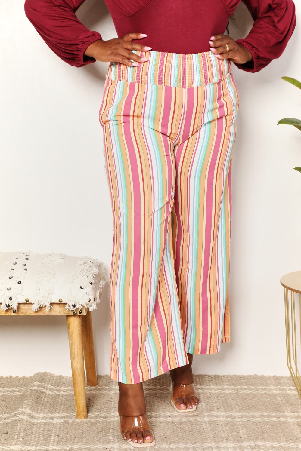 Double Take Striped Smocked Waist Pants with Pockets - AllIn Computer