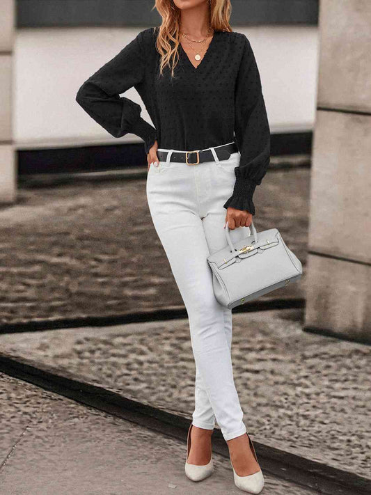 Swiss Dot V-NecK Lantern Sleeve Blouse - AllIn Computer