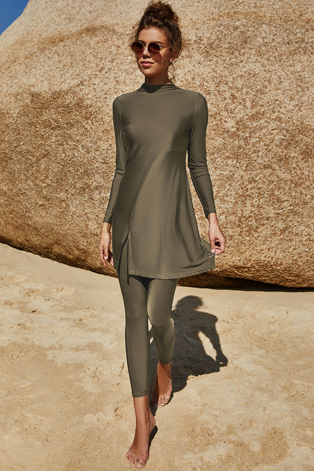 Slit Mock Neck Long Sleeve Top and Pants Swim Set - AllIn Computer