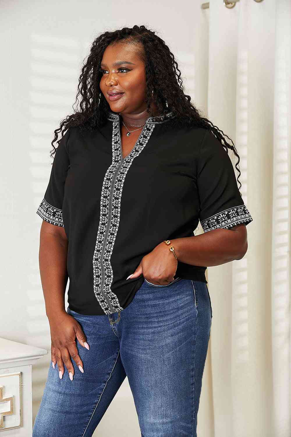 Double Take Embroidered Notched Neck Top - AllIn Computer