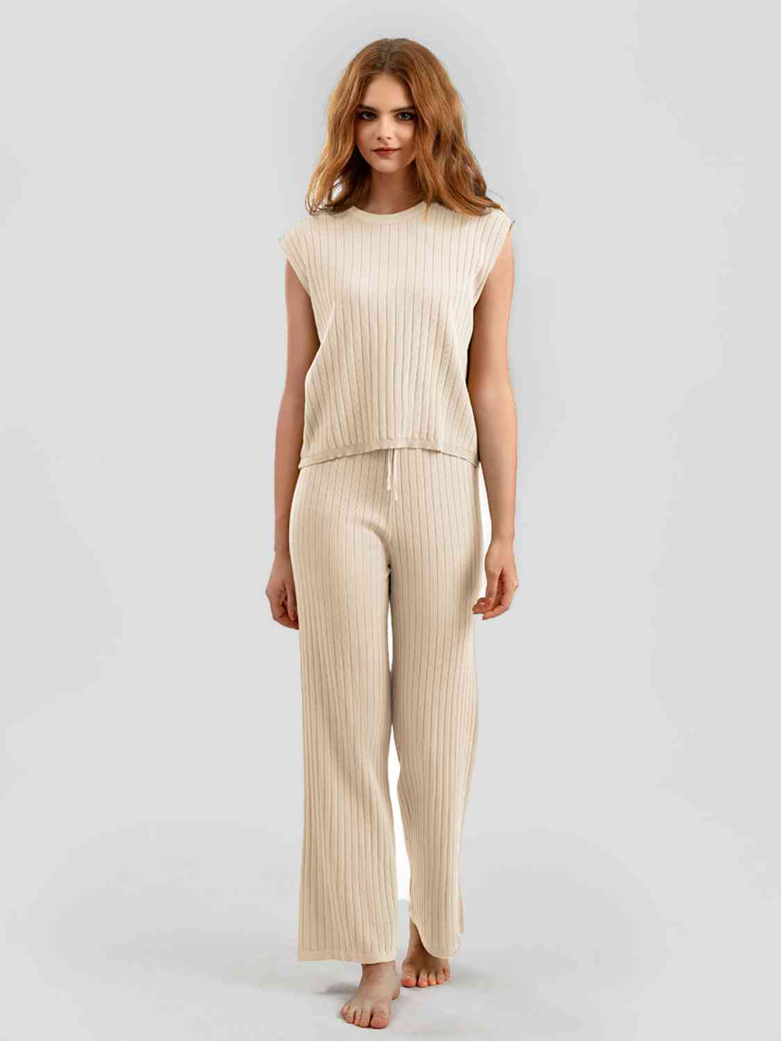 Ribbed Sweater Vest and Drawstring Knit Pants Set - AllIn Computer