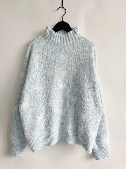 Heart Heathered Turtleneck Drop Shoulder Sweater - AllIn Computer