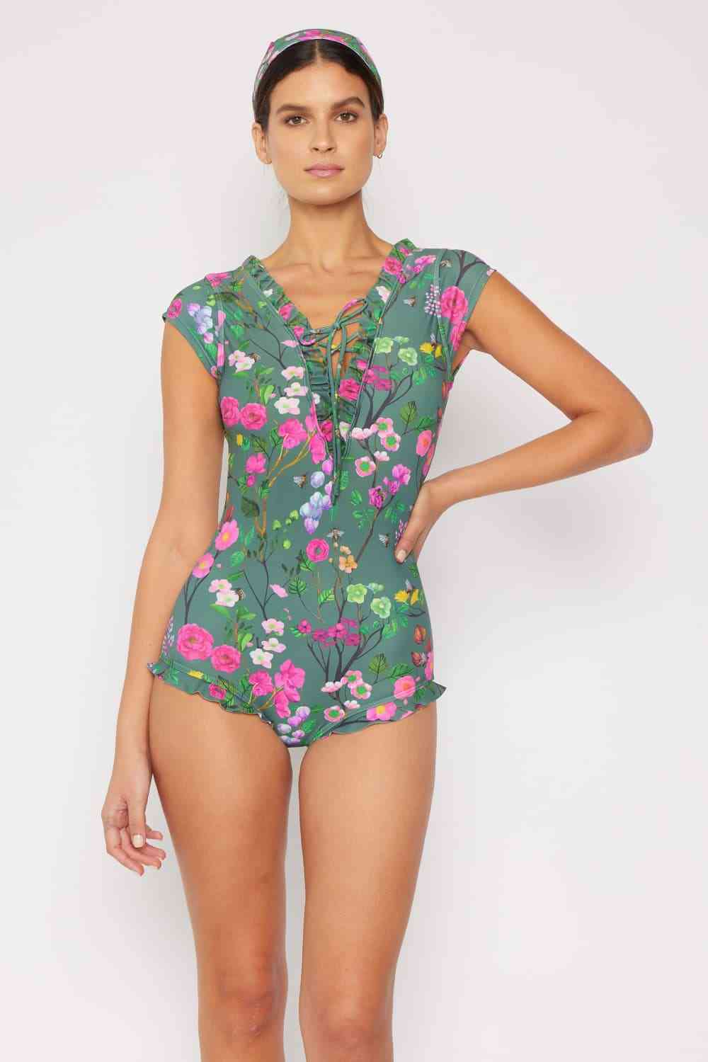 Marina West Swim Bring Me Flowers V-Neck One Piece Swimsuit In Sage - AllIn Computer
