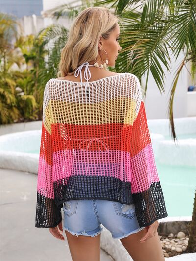 Color Block Openwork Boat Neck Cover Up - AllIn Computer