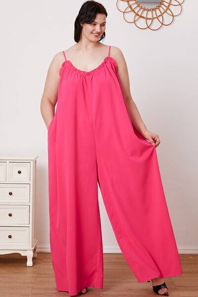Full Size Ruffle Trim Tie Back Cami Jumpsuit with Pockets - AllIn Computer